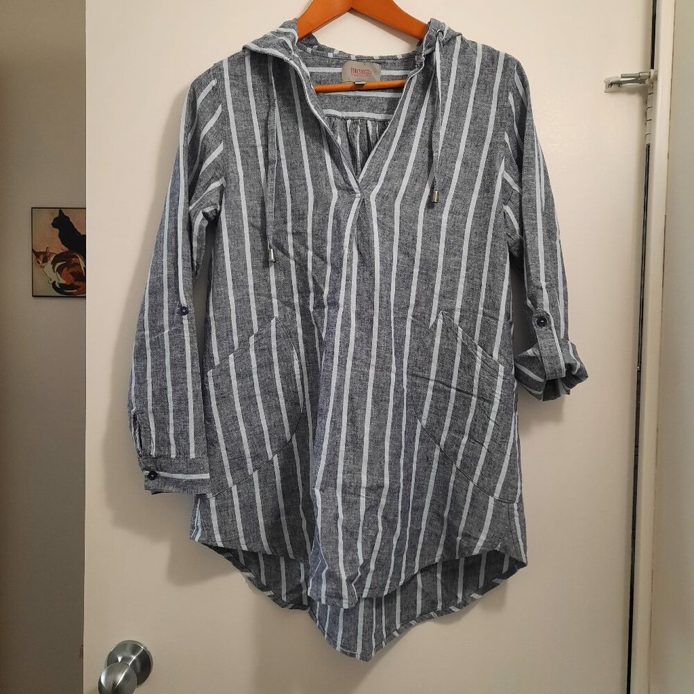 Forcynthia Beachwear Blue Linen Coverup Shirt, Size S